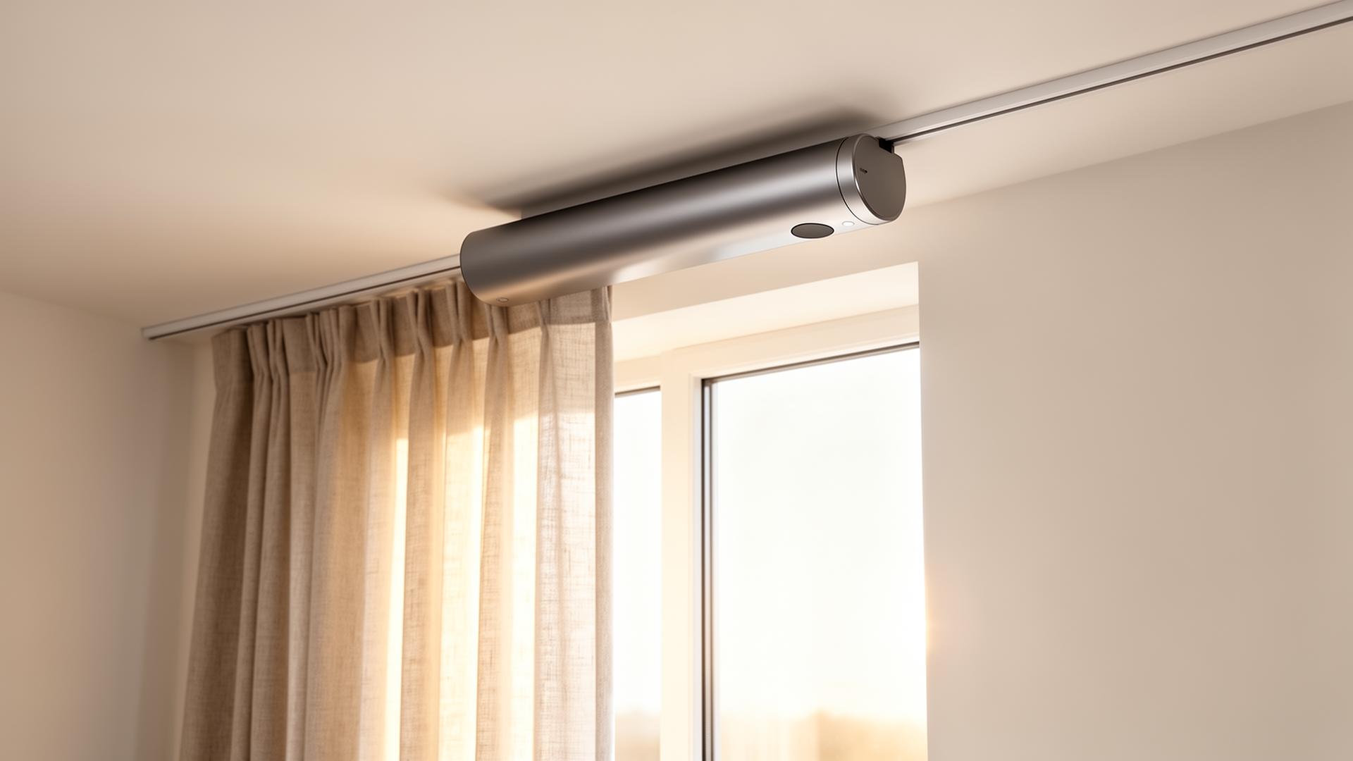 Smart curtain track installed on a ceiling near a window